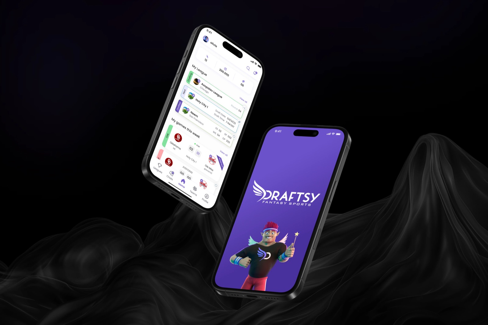 Draftsy fantasy sports app: league home screen and brand splash with mascot