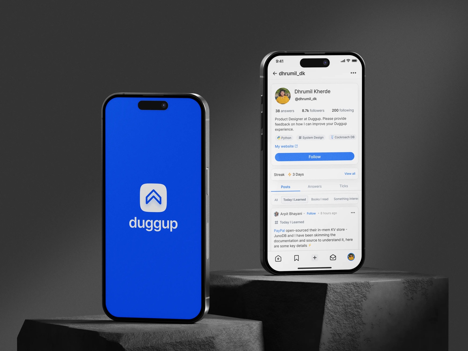 Duggup mobile app: profile screen with posts, answers, and streaks