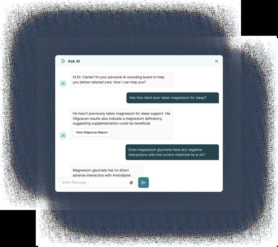 Ask AI modal: a practitioner asks whether the client has taken magnesium for sleep and gets a clinical answer with context