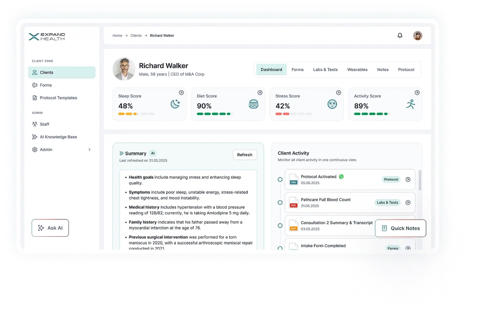 Expand Health client dashboard: health score cards, AI summary panel, and client activity feed